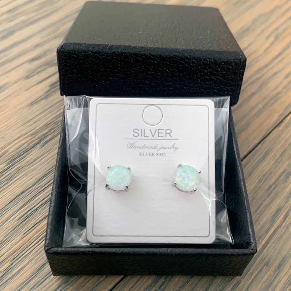 White Fire Faux Opal Stud Earrings in Sterling Silver